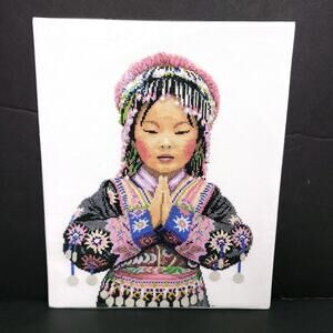 Handmade Completed Cross Stitch Woman Portrait Traditional Dress Ethnic Folk Art